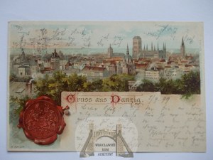 Gdansk, Danzig, panorama, stamp, lithograph 1899