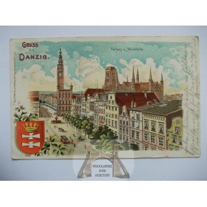 Gdańsk, Danzig, litografia, Długi Targ, Herb 1901