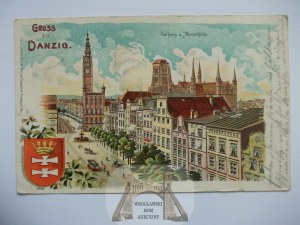 Gdansk, Danzig, lithograph, Long Market, Coat of arms 1901