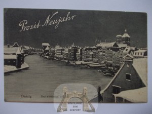 Danzig, Danzig, Motlawa, winter New Year postcard 1911
