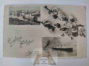 Gdynia, panorama, ship Pilsudski, collage of cats, happy Hallelujah 1938