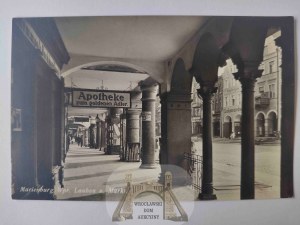 Malbork, Marienburg, Market Square, arcade, pharmacy circa 1930.