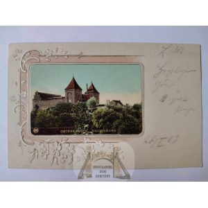 Nidzica, Neidenburg, litografia, tłoczona, złocna, zamek ok. 1900