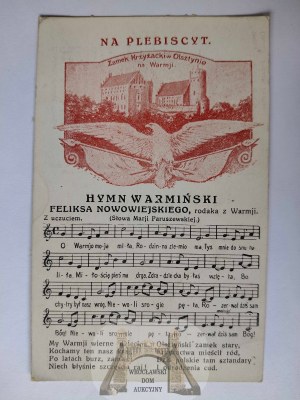 Olsztyn, Allenstein, plebiscite postcard, eagle castle, anthem, patriotic circa 1920.