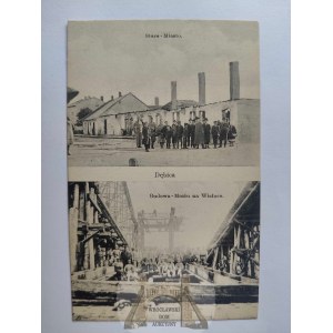 Dębica, budowa mostu, spalone domy ok. 1915