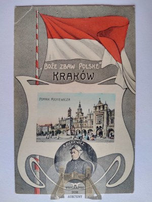 Krakow, Cloth Hall, Adam Mickiewicz, flag, patriotic collage ca. 1910
