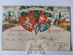 Krakow, Czech-Polish reconciliation, lithograph, coats of arms, Pogoń, Wawel Castle 1899
