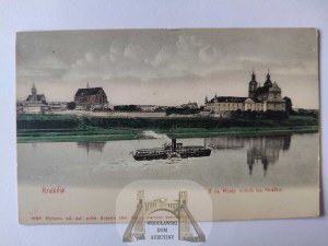 Cracow, view of Skałka, Vistula River, steamboat circa 1900.