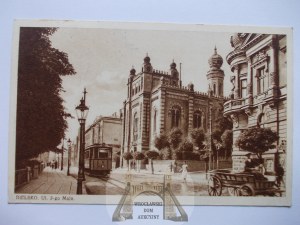 Bielsko Biala, street, streetcar, synagogue, 1937