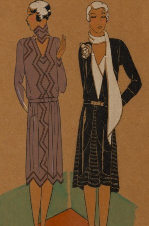 Fashion illustration of Nicole Groult's dress designs, 1920s/30s.