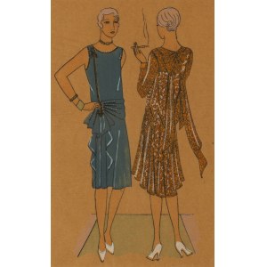 Ilustracja modowa projektów sukienek Simone Gray, lata 20./30. XX w.