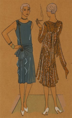 Fashion illustration of Simone Gray's dress designs, 1920s/30s.