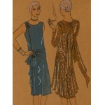 Ilustracja modowa projektów sukienek Simone Gray, lata 20./30. XX w.