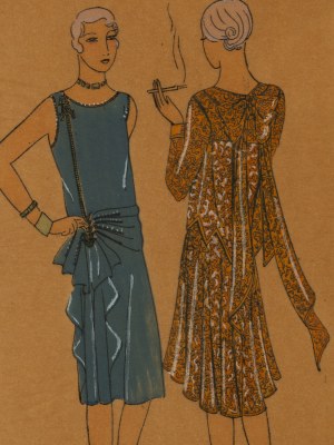 Fashion illustration of Simone Gray's dress designs, 1920s/30s.