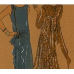 Ilustracja modowa projektów sukienek Simone Gray, lata 20./30. XX w.