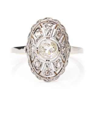 Ring in art déco type, 2nd half of 20th century jewelry, yellow and white gold 