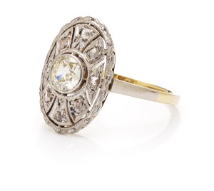 Ring in art déco type, 2nd half of 20th century jewelry, yellow and white gold 