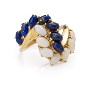 Ring with lapis lazuli and opals, 2nd half 20th century jewelry, gold ~ 0.750