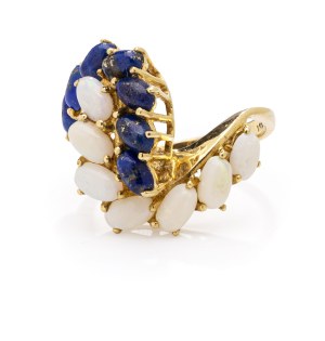 Ring with lapis lazuli and opals, 2nd half 20th century jewelry, gold ~ 0.750