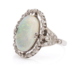 Ring with opal and diamonds, 1920s-1930s jewelry, platinum ~ 0.950