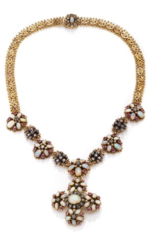 Opal necklace, 1940s jewelry, silver, gold ~ 0.750