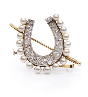 Brooch in the form of a horseshoe, 1940s jewelry, platinum pr. 0.950, gold ~ 0.750, gold pr. 0.585
