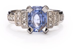 Ring with sapphire and diamonds, 2nd half 20th century jewelry, platinum ~ 0.950