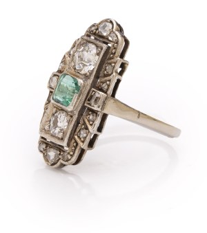 Ring with emerald and diamonds, 1960s-70s jewelry, white gold, white gold pr. 