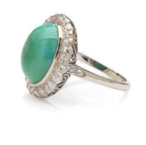 Ring with turquoise and diamonds, 1930s jewelry, white gold pr. ~ 