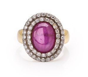 Ring with ruby and diamonds, late 19th century jewelry, gold ~ 0.750