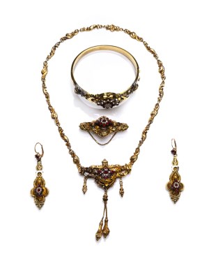 Biedermeier jewelry set, circa mid-19th century jewelry, pr. gold 