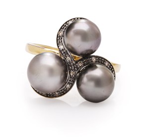 Ring with Tahiti pearls and diamonds, 2nd half of 20th century jewelry, pr. gold 