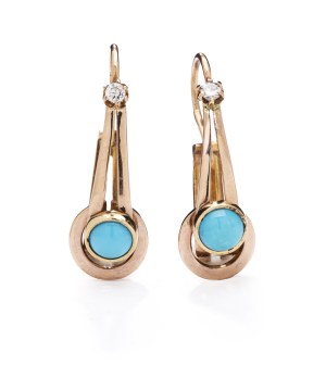Earrings with turquoise and diamonds, 19th/20th century jewelry, gold ~ 0.750