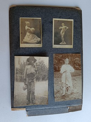 SET OF 5 PHOTOS ON CARD FROM AN OLD ALBUM, FISHING BOATS HARBOR, PHOTO WITH BOY IS PEELED OFF THE CARD