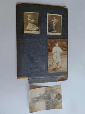 SET OF 5 PHOTOS ON CARD FROM AN OLD ALBUM, FISHING BOATS HARBOR, PHOTO WITH BOY IS PEELED OFF THE CARD