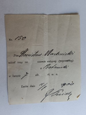 LVIV TAX RECEIPT FOR ENTRANCE EXAM 1900 STANISŁAW MACHNICKI