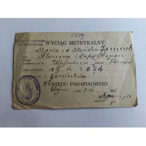 WYCIĄG METRYKALNY WOJNICZ, PIECZĄTKA 1943 R