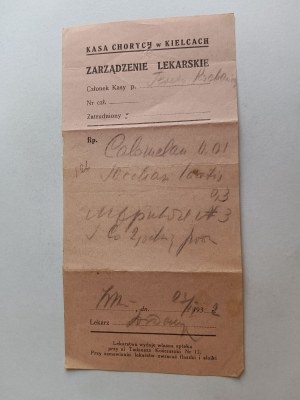 PRESCRIPTION MEDICAL ORDER KIELCE SICKNESS FUND 1932