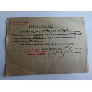 ZAŚWIADCZENIE KRAKÓW PŁASZÓW, PAROWOZOWNIA WARSZTAT 1933 R