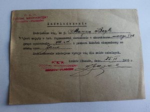 CERTIFICATE KRAKÓW PŁASZÓW, STEAM LOCOMOTIVE DEPOT WORKSHOP 1933