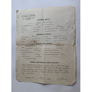 WYNIK BADANIA ROZBIÓR MOCZU, LABORATORIUM BAKTER-CHEM, DR MED SALOMON, KRYNICA, WILLA RÓŻA 1936 R