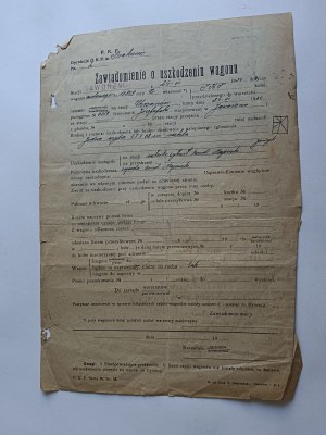 NOTICE OF WAGON DAMAGE, PKP, JAWORZNO, KRAKOW, 1934