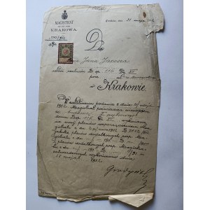 PISMO KRAKÓW MAGISTRAT, 1912 R, ZNACZEK, JAN JAROSZ