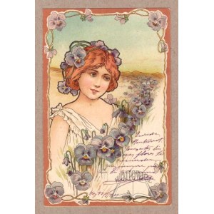 (ART Deco). Woman and pansies.