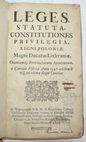 (VOLUMINA Legum T. 1). (Warszawa 1732).