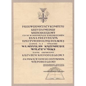 (Certificate awarding the Cross of Independence).