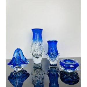 Ladislav Paleček (1933), Set of 4 Cobalt Blue Art Glass Pieces - Škrdlovice Glassworks, Czechoslovakia 1980s