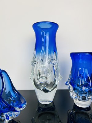Ladislav Paleček (1933), Set of 4 Cobalt Blue Art Glass Pieces - Škrdlovice Glassworks, Czechoslovakia 1980s