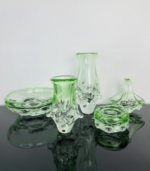 Ladislav Paleček (1933), Set of 5 Uranium Green Art Glass Pieces - Škrdlovice Glassworks, Czechoslovakia 1980s