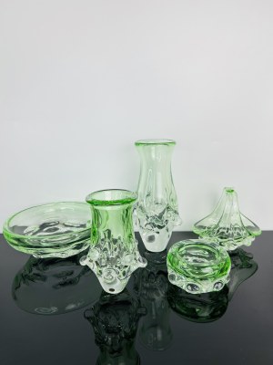 Ladislav Paleček (1933), Set of 5 Uranium Green Art Glass Pieces - Škrdlovice Glassworks, Czechoslovakia 1980s